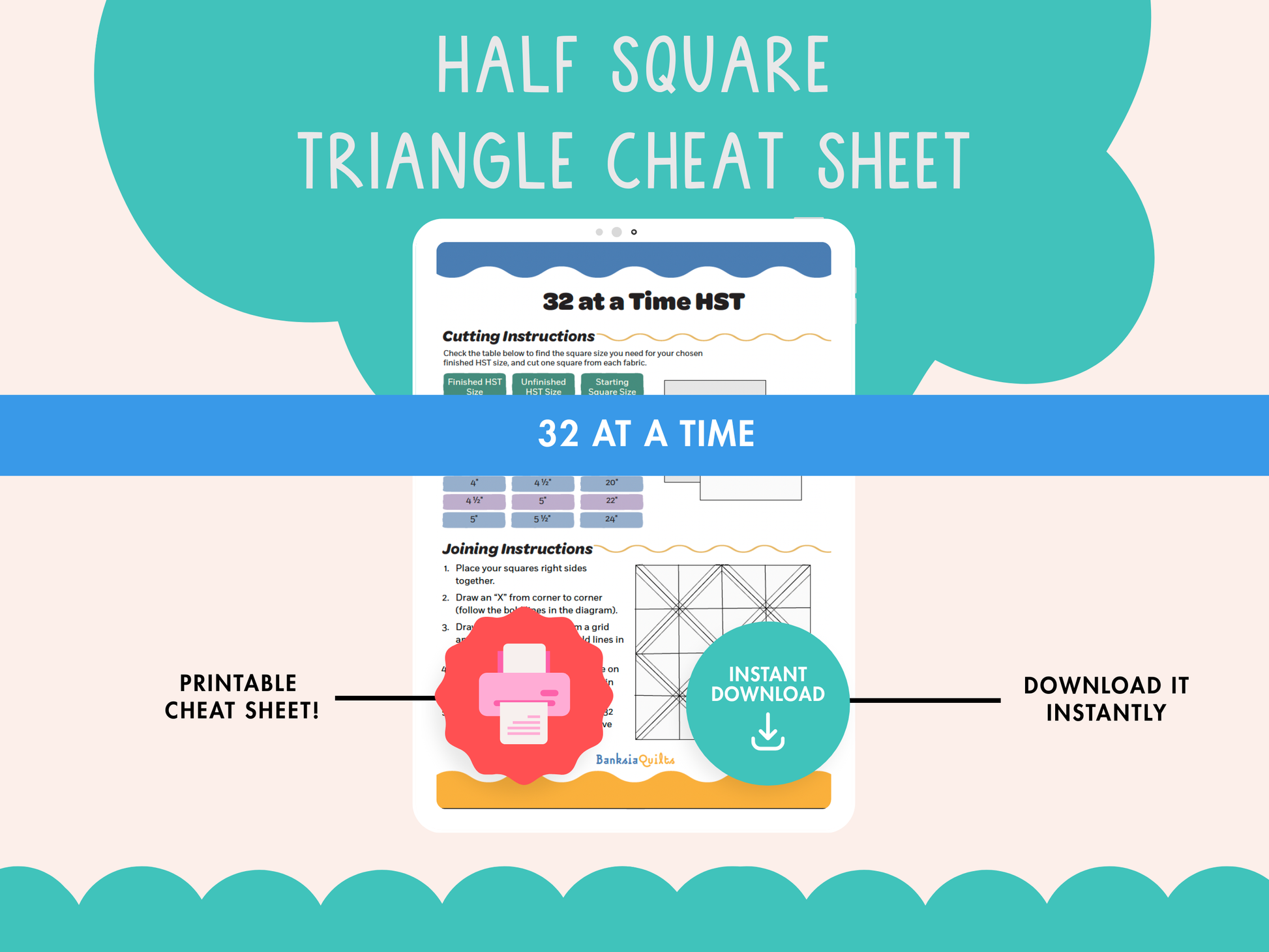32 at a Time Half Square Triangle Cheat Sheet - Printable Quilting Reference by Banksia Quilts - Banksia Quilts