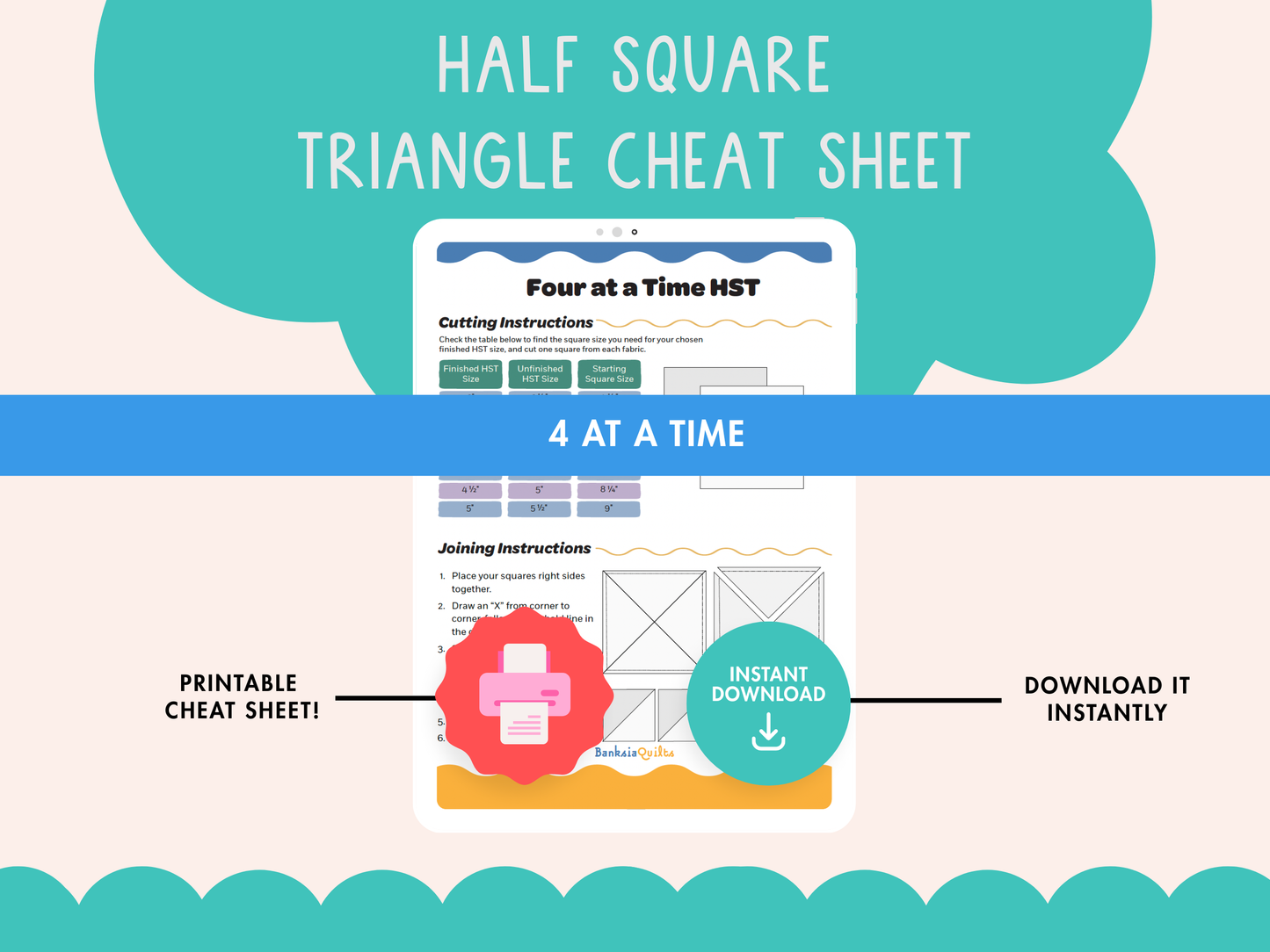 4 at a Time Half Square Triangle Cheat Sheet - Printable Quilting Reference by Banksia Quilts - Banksia Quilts