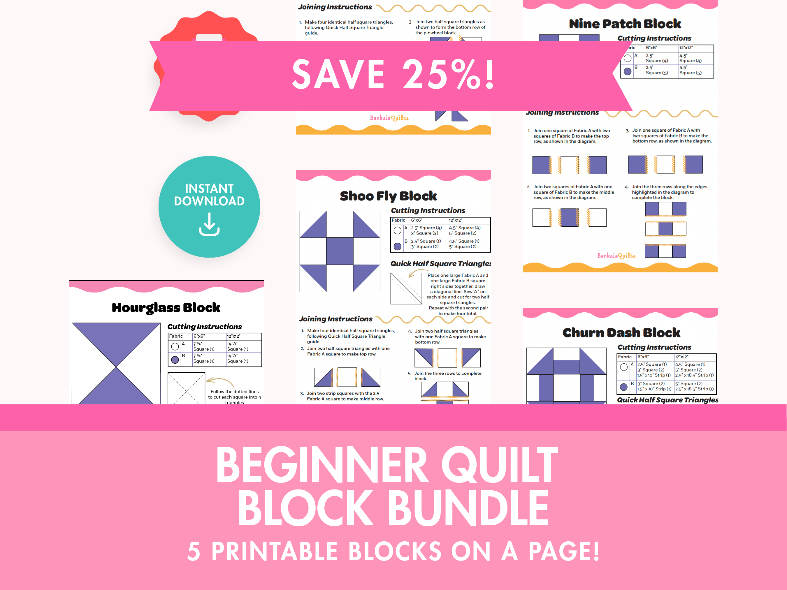5 Quilt Block on a Page Bundle - Beginner Quilt Sampler Block PDF Set - Banksia Quilts