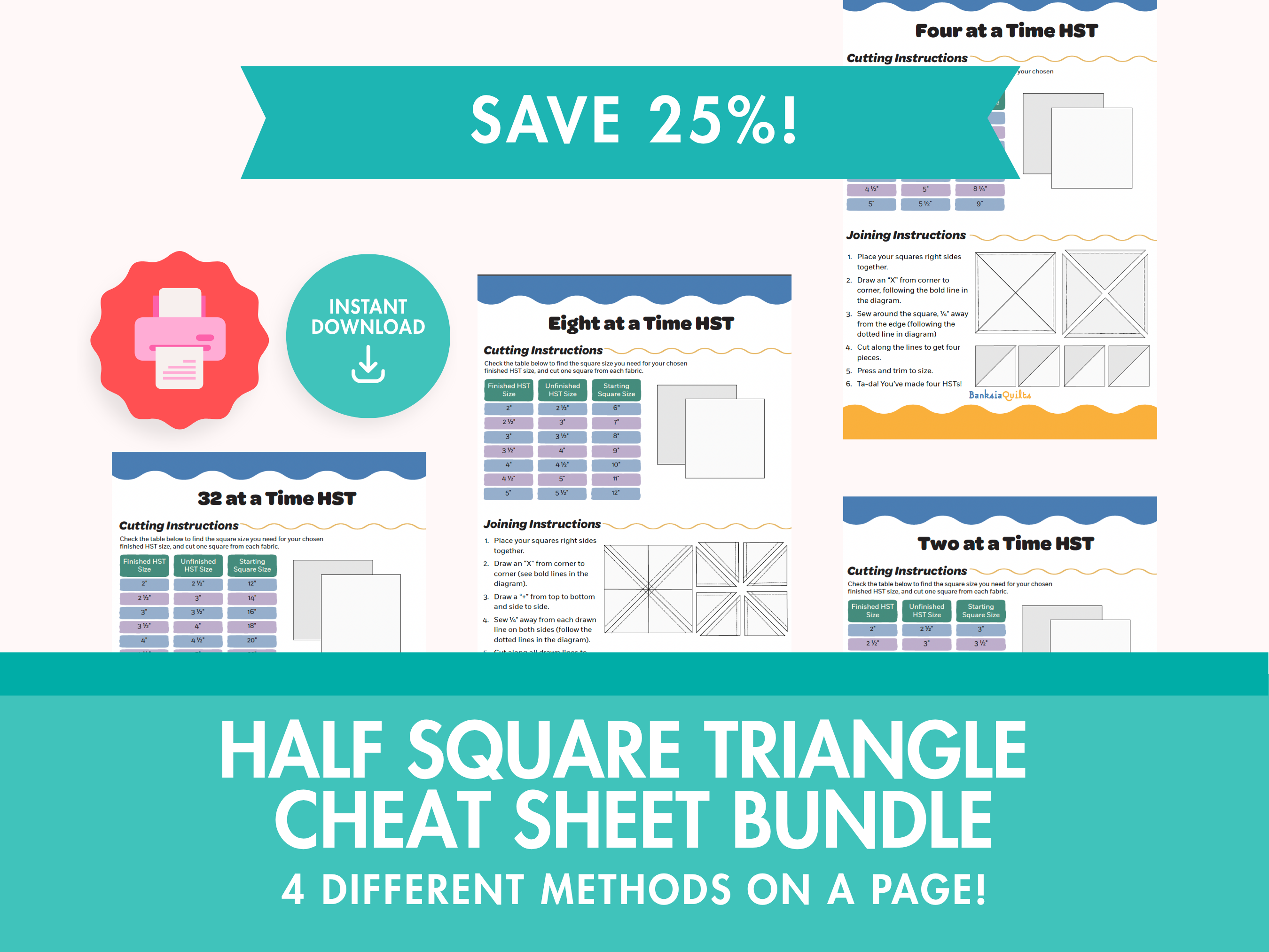 Half Square Triangle Cheat Sheet Bundle (2, 4, 8 & 32 at a Time) - Printable Quilting Reference Set - Banksia Quilts