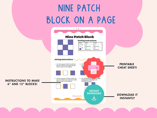 9 Patch Quilt Block on a Page Pattern - Beginner Quilt Block - Banksia Quilts